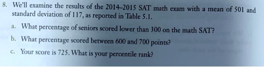 8. We'll examine the results of the 2014-2015 SAT math exam with a mean of 501 and standard deviation of 117, as reported in Table 5.1.
a. What percentage of seniors scored lower than 300 on the math SAT?
b. What percentage scored between 600 and 700 points?
c. Your score is 725. What is your percentile rank?
