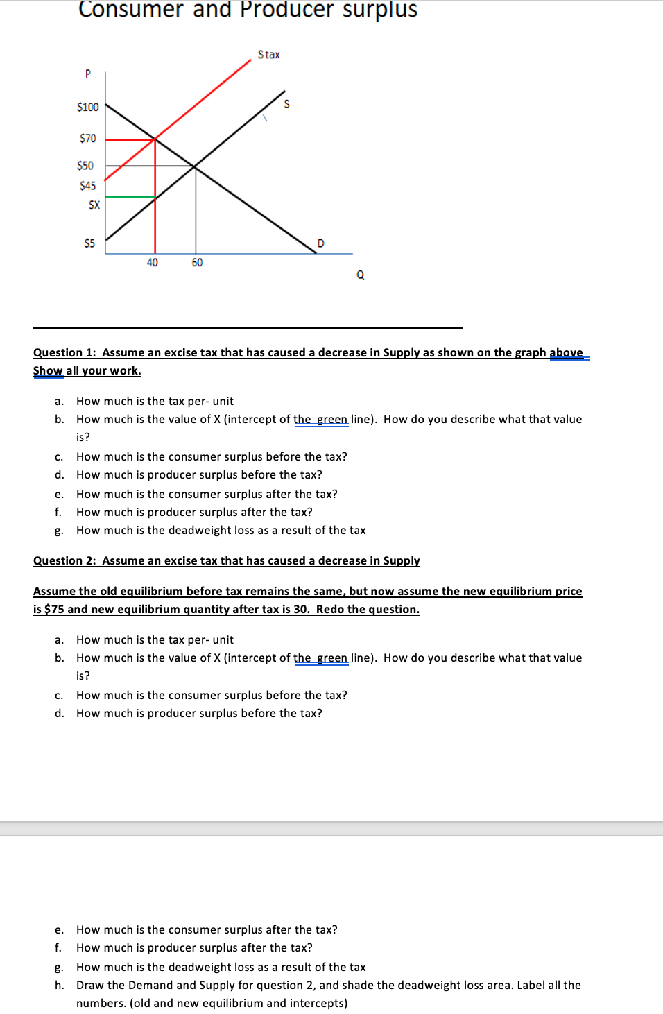 Consumer and Producer surplus

Question 1: Assume an excise tax that has caused a decrease in Supply as shown on the graph above
Show all your work.

a. How much is the tax per- unit
b. How much is the value of X (intercept of the green line). How do you describe what that value
is?
c. How much is the consumer surplus before the tax?
d. How much is producer surplus before the tax?
e. How much is the consumer surplus after the tax?
f. How much is producer surplus after the tax?
g. How much is the deadweight loss as a result of the tax

Question 2: Assume an excise tax that has caused a decrease in Supply

Assume the old equilibrium before tax remains the same, but now assume the new equilibrium price
is 75 and new equilibrium quantity after tax is 30. Redo the question.

a. How much is the tax per- unit
b. How much is the value of X (intercept of the green line). How do you describe what that value
is?
c. How much is the consumer surplus before the tax?
d. How much is producer surplus before the tax?
e. How much is the consumer surplus after the tax?
f. How much is producer surplus after the tax?
g. How much is the deadweight loss as a result of the tax
h. Draw the Demand and Supply for question 2, and shade the deadweight loss area. Label all the
numbers. (old and new equilibrium and intercepts)