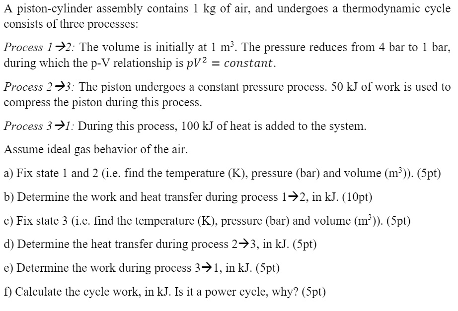 SOLVED A pistoncylinder assembly contains 1 kg of air and undergoes a thermodynamic cycle