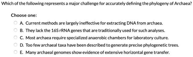 Which of the following represents a major challenge for accurately defining the phylogeny of Archaea?

Choose one:
A. Current methods are largely ineffective for extracting DNA from archaea.
B. They lack the 16S rRNA genes that are traditionally used for such analyses.
C. Most archaea require specialized anaerobic chambers for laboratory culture.
D. Too few archaeal taxa have been described to generate precise phylogenetic trees.
E. Many archaeal genomes show evidence of extensive horizontal gene transfer.