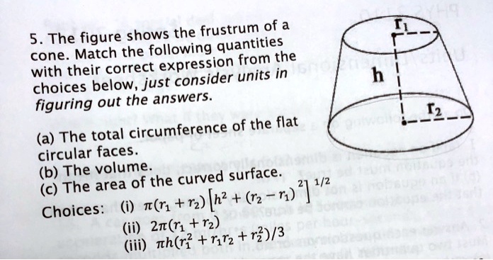 5. The figure shows the frustrum of a cone. Match the following quantities with their correct expression from the choices below, just consider units in figuring out the answers.
(a) The total circumference of the flat circular faces.
(b) The volume.
(c) The area of the curved surface.
Choices: (i) ?(r1 + r2) [h^2 + (r2 - r1)^2]^1/2
(ii) 2?(r1 + r2)
(iii) ?h(r1^2 + r1r2 + r2^2)/3