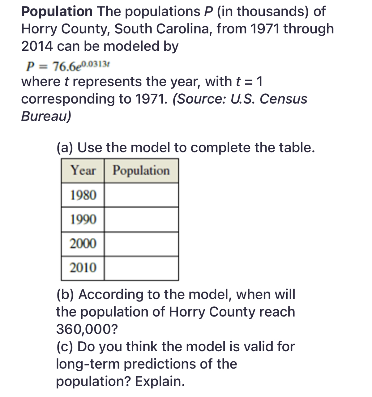 SOLVED: Population The Populations P (in Thousands) Of Horry County ...