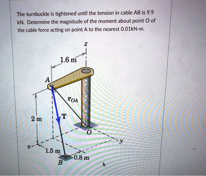 The turnbuckle is tightened until the tension in cable AB is 9.9 kN. Determine the magnitude of the moment about point O of the cable force acting on point A to the nearest 0.01kN-m.
