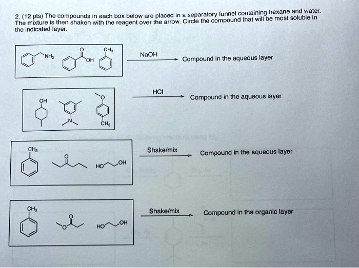 SOLVED Each box below is placed in a separatory funnel containing hexane and water. (12 pts