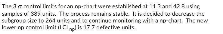 The 3 ? control limits for an np-chart were established at 11.3 and 42.8 using samples of 389 units. The process remains stable. It is decided to decrease the subgroup size to 264 units and to continue monitoring with a np-chart. The new lower np control limit (LCLnp) is 17.7 defective units.