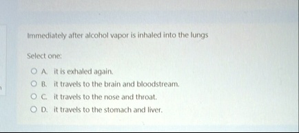 immediately after alcohol vapor is inhaled into the lungs select one a it is exhaled again b it travels to the brain and bloodstream c it travels to the nose and throat d it travels to the s 05019