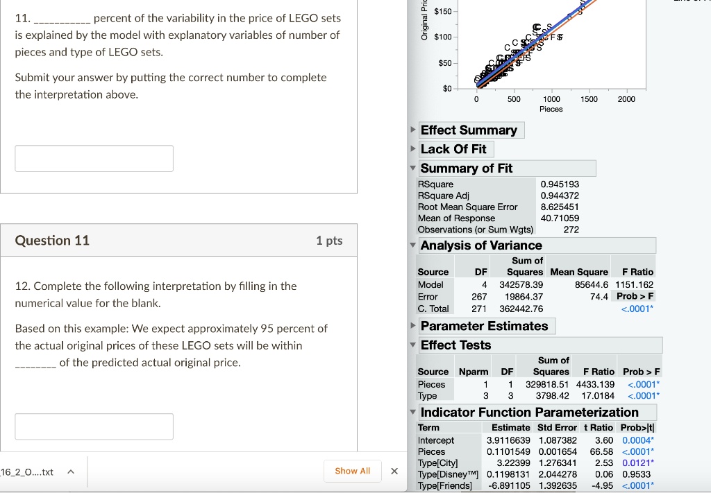 11.  percent of the variability in the price of LEGO sets
is explained by the model with explanatory variables of number of
pieces and type of LEGO sets.
Submit your answer by putting the correct number to complete
the interpretation above.
Question 11
12. Complete the following interpretation by filling in the
numerical value for the blank.
Based on this example: We expect approximately 95 percent of
the actual original prices of these LEGO sets will be within
 of the predicted actual original price.