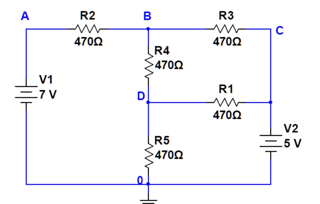 SOLVED: Measure VA, VB, VC, VD, VAC, and VBD. Verify Kirchhoff’s ...