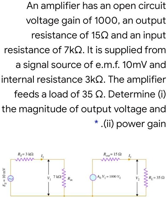 An amplifier has an open circuit voltage gain of 1000, an output resistance of 15? and an input resistance of 7k?. It is supplied from a signal source of e.m.f. 10mV and internal resistance 3k?. The amplifier feeds a load of 35 ?. Determine (i) the magnitude of output voltage and (ii) power gain