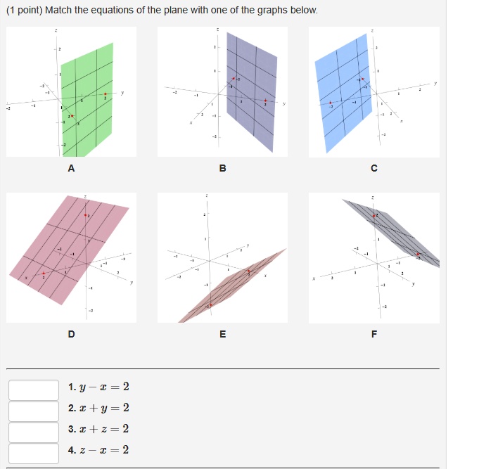 Solved Point Match The Equations Of The Plane With One Of The Graphs Below 1 Y 2 2 Y 2 3 Z 2 4 Z I 2