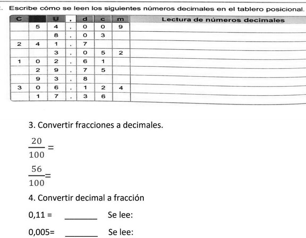 Solved Escribe Como Se Leen Los Siguientes Números Decimales En El Tablero Posicional 3