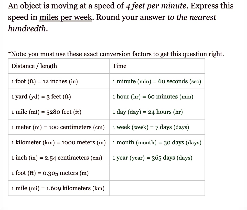 Marco Polo Embryo opwinding SOLVED: An object is moving at a speed of 4 feet per minute. Express this  speed in miles perweek: Round your answer to the nearest hundredth: #Note:  you must use these exact