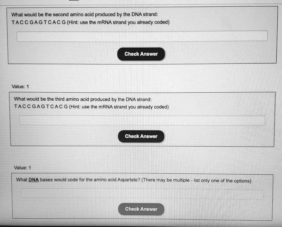 What would be the second amino acid produced by the DNA strand: T A C C G A G T C A C G (Hint: use the mRNA strand you already coded)
What would be the third amino acid produced by the DNA strand: T A C C G A G T C A C G (Hint: use the mRNA strand you already coded)
What DNA bases would code for the amino acid Aspartate? (There may be multiple - list only one of the options)
