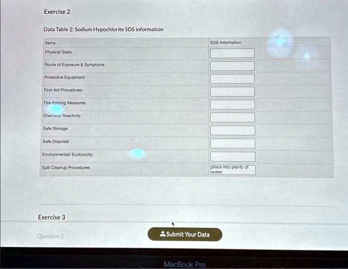SOLVED Exercise 2 Data Table 2 Sodium Hypochlorite SDS Information