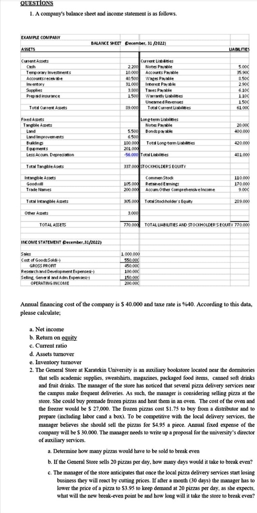 SOLVED: Questions: I. A company's balance sheet and income statement is ...