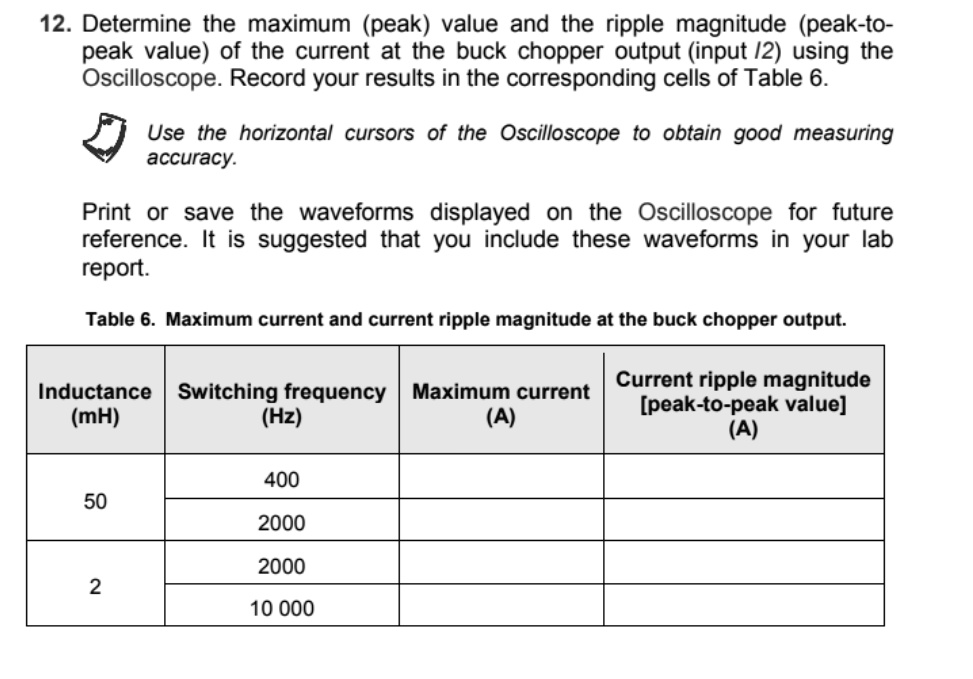 12. Determine the maximum (peak) value and the ripple...