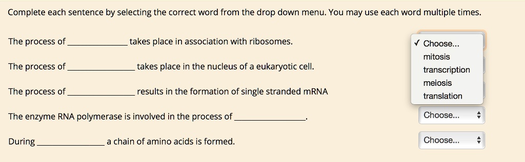 Complete each sentence by selecting the correct word from the drop down menu. You may use each word multiple times.
The process of  takes place in association with ribosomes.
The process of  takes place in the nucleus of a eukaryotic cell.
The process of  results in the formation of single stranded mRNA
The enzyme RNA polymerase is involved in the process of 
During  a chain of amino acids is formed.