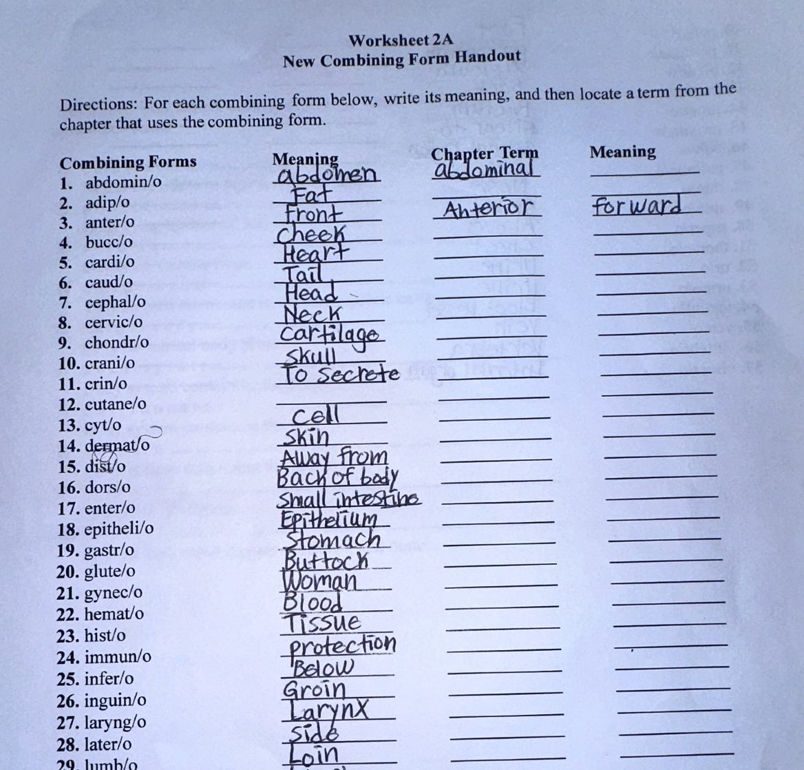 SOLVED: Worksheet 2A New Combining Form Handout Directions: For each ...