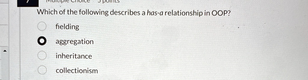 which of the following describes a has a relationship in oop fielding aggregation inheritance collectionism 16977