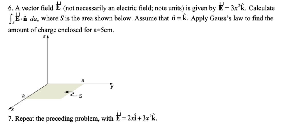 6. A vector field E (not necessarily an electric field; note units) is given by E = 3x2k. Calculate ∫E·n̂  da, where S is the area shown below. Assume that n̂ = k. Apply Gauss's law to find the amount of charge enclosed for a=5cm.

7. Repeat the preceding problem, with E = 2xi + 3x2k.