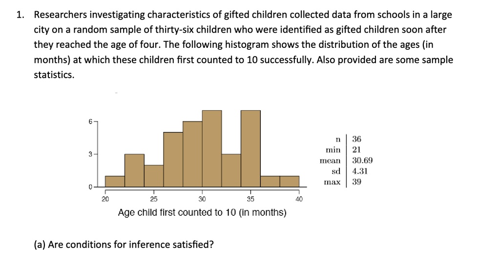 1. Researchers investigating characteristics of gifted children collected data from schools in a large
city on a random sample of thirty-six children who were identified as gifted children soon after
they reached the age of four. The following histogram shows the distribution of the ages (in
months) at which these children first counted to 10 successfully. Also provided are some sample
statistics.
6-
3-
0
20
25
30
35
40
Age child first counted to 10 (in months)
(a) Are conditions for inference satisfied?
n 36
min 21
mean 30.69
sd 4.31
max 39
