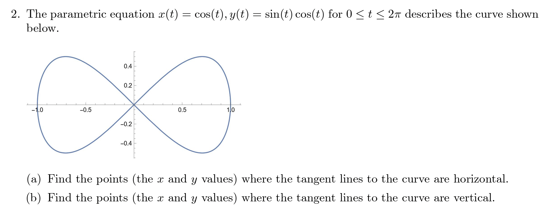 2. The parametric equation ( x(t)=cos (t), y(t)=sin (t) cos (t) ) for ( 0 leq t leq 2 pi ) describes the curve shown below.
(a) Find the points (the ( x ) and ( y ) values) where the tangent lines to the curve are horizontal.
(b) Find the points (the ( x ) and ( y ) values) where the tangent lines to the curve are vertical.