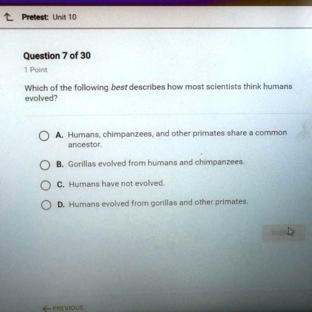 Which of the following best describes how most scientists think humans evolved?
A. Humans, chimpanzees, and other primates share a common ancestor.
B. Gorillas evolved from humans and chimpanzees.
C. Humans have not evolved.
D. Humans evolved from gorillas and other primates.