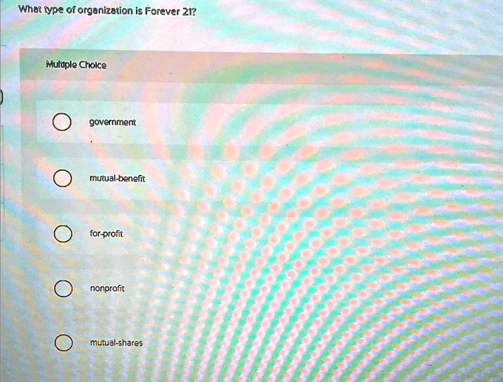 What type of organization is Forever 21?
Multiple Choice
government
mutual-benefit
for-profit
nonprofit
mutual-shares
