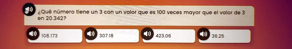 ¿Qué número tiene un 3 con un valor que es 100 veces mayor que el valor de 3 en 20.342?
108.173
307.18
423.06
36.25