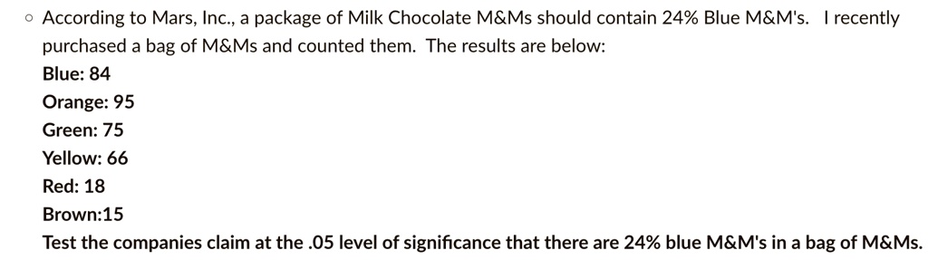 according to mars inc a package of milk chocolate mms should contain 24 blue mms i recently purchased a bag of mms and counted them the results are below blue 84 orange 95 green 75 yellow 66 54913