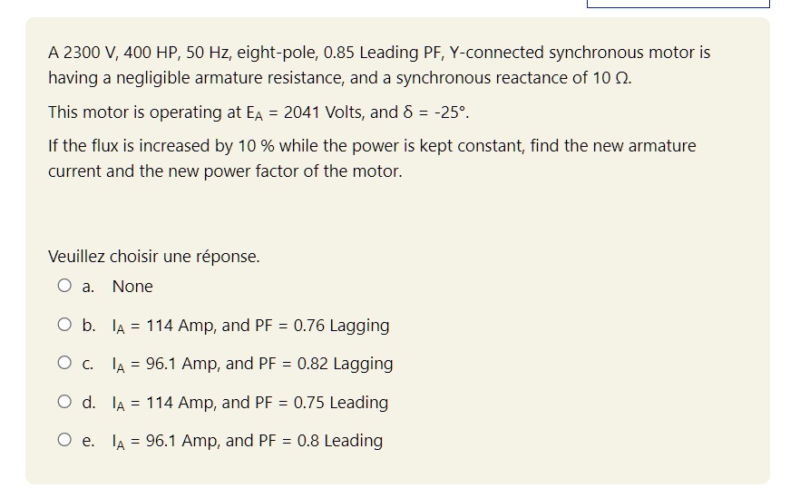 SOLVED: A 2300 V, 400 HP, 50 Hz, eight-pole, 0.85 Leading PF, Y ...