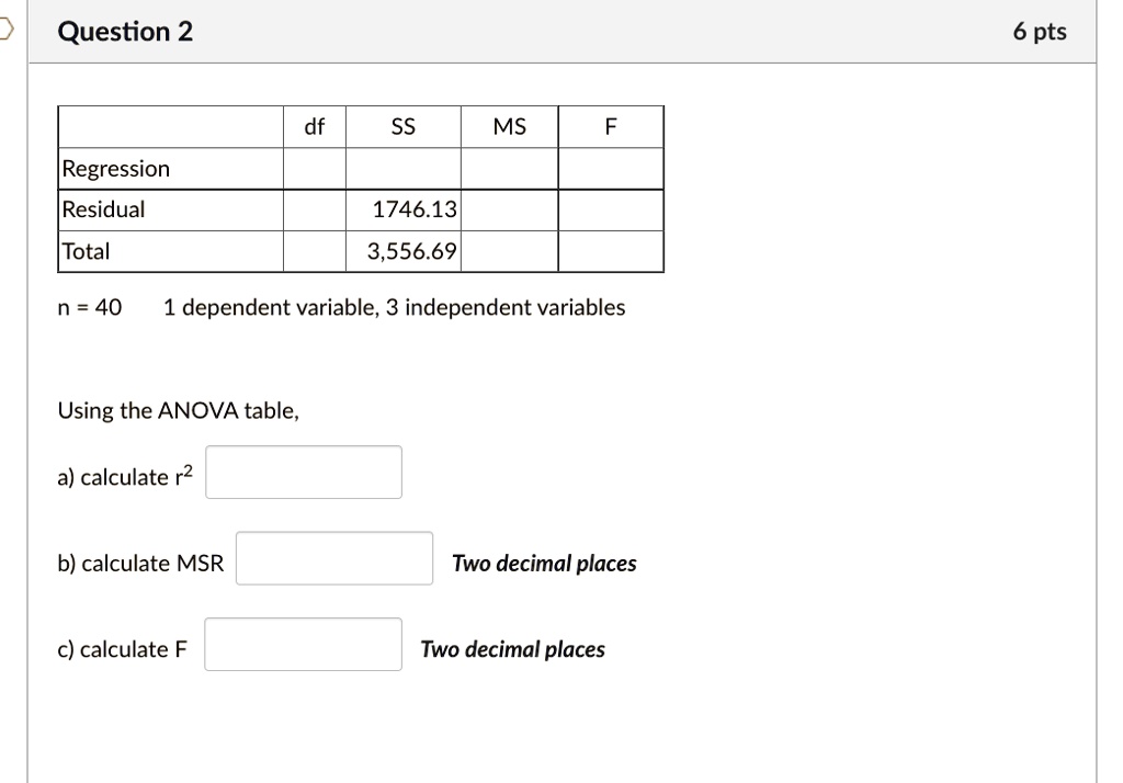 df SS MS F
Regression
Residual 1746.13
Total 3,556.69
n = 40 1 dependent variable, 3 independent variables
Using the ANOVA table,
a) calculate r^2
b) calculate MSR Two decimal places
c) calculate F Two decimal places