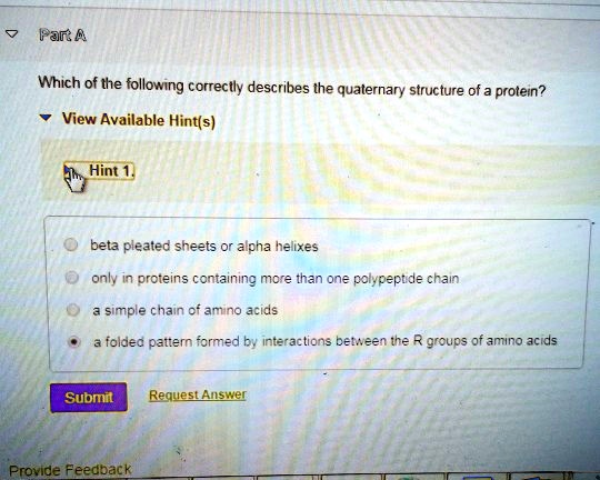 Which of the following correctly describes the quaternary structure of a protein?

beta pleated sheets or alpha helixes
only in proteins containing more than one polypeptide chain
a simple chain of amino acids
a folded pattern formed by interactions between the R groups of amino acids