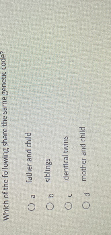 Which of the following share the same genetic code?
a father and child
b siblings
c identical twins
d mother and child