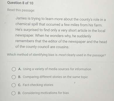 SOLVED: Question 8 of 10 Read this passage: James is trying to learn ...