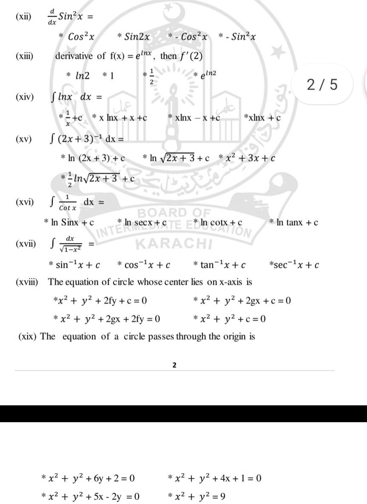 Solved Xii 4sin X Cos X Sin2x Cos X Xiii Derivative Of F X Elnx Then F 2 Sin X Ln2 Elnz 2 5 Xiv F Lnx Dx C X Inx X C C Xlnx X C