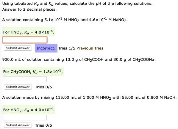 Using tabulated Ka and Kb values calculate the pH of … - SolvedLib