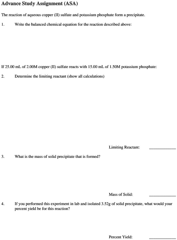 SOLVED Advance Study Assignment (ASA) The reaction of aqueous copper