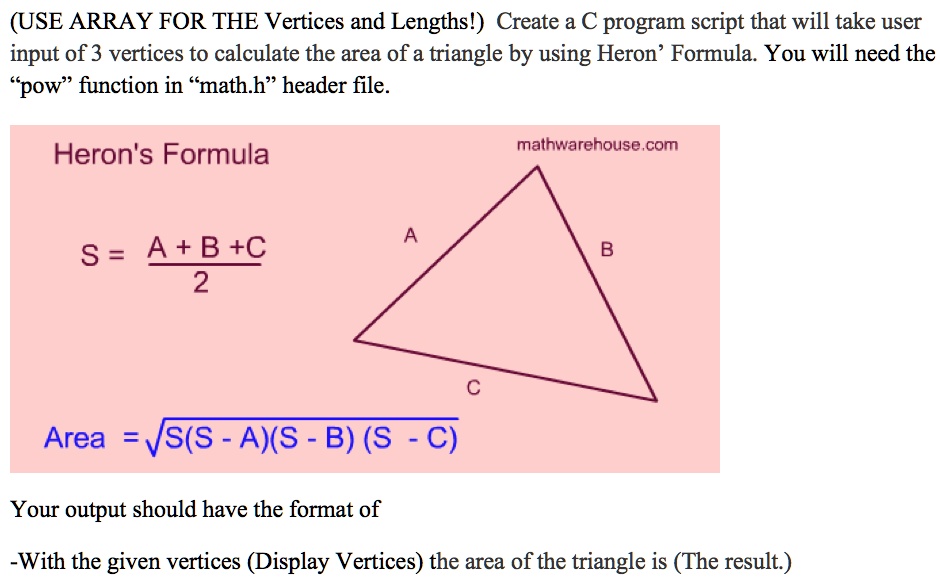 SOLVED: Create a C program script that will take user input of 3 ...