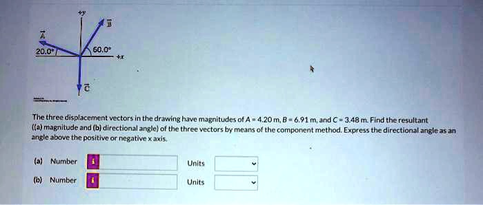 +y B A 20.0° 60.0° +x C The three displacement vectors in the drawing have magnitudes of A = 4.20 m, B = 6.91 m, and C = 3.48 m. Find the resultant ((a) magnitude and (b) directional angle) of the three vectors by means of the component method. Express the directional angle as an angle above the positive or negative x axis. (a) Number Units (b) Number Units