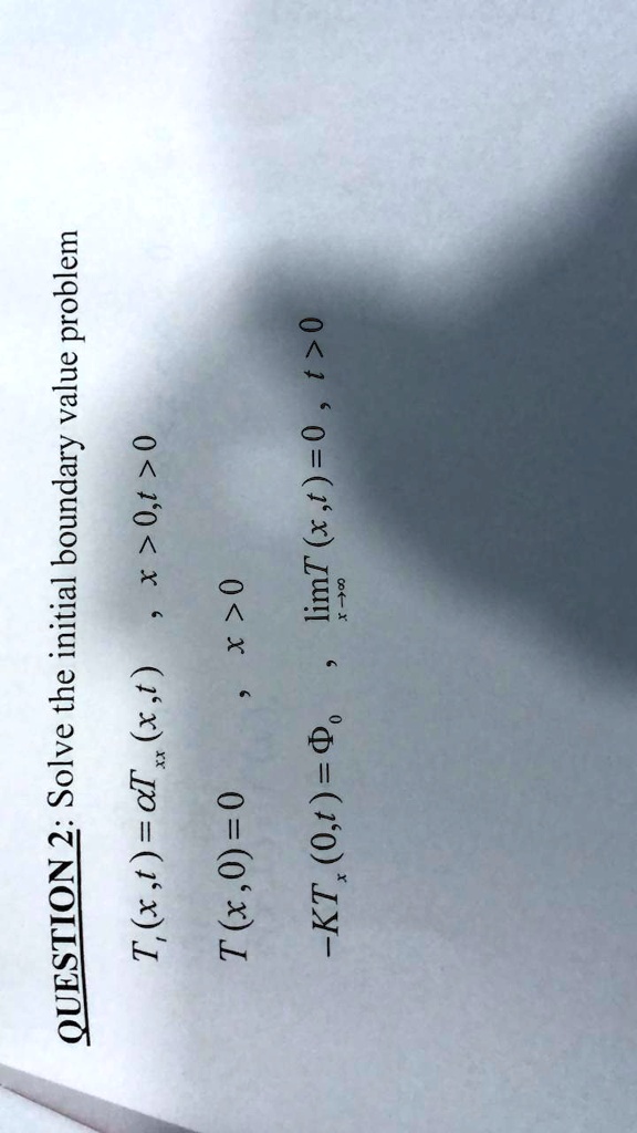 QUESTION 2: Solve the initial boundary value problem

Tt (x,t) = alpha Txx (x,t) , x > 0, t > 0

T (x,0) = 0 , x > 0

-KTx (0,t) = Phi0 , limx -> infinity T (x,t) = 0 , t > 0