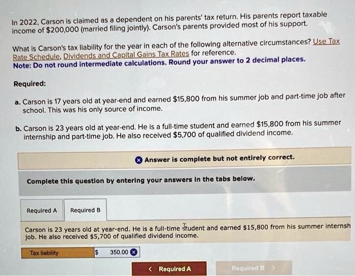 SOLVED In 2022, Carson is claimed as a dependent on his parents' tax return. His parents report
