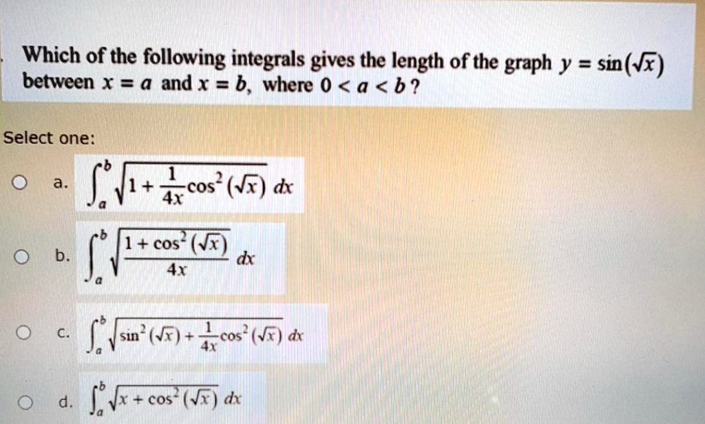 SOLVED Which Of The Following Integrals Gives The Length Of The Graph solved-which-of-the-following-integrals-gives-the-length-of-the-graph