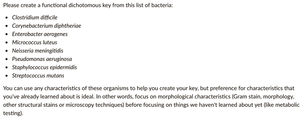 SOLVED: Please create a functional dichotomous key from this list of ...