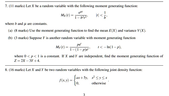 Solved 7 1 Mark Let X Be A Random Variable With The Following Moment Generating Function Mx 8193