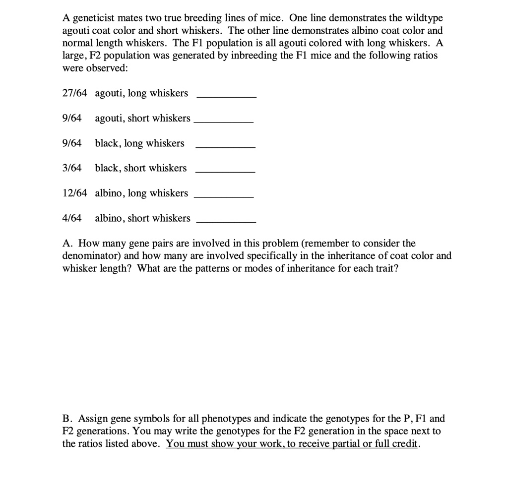 SOLVED A mates two true breeding lines of mice. One line