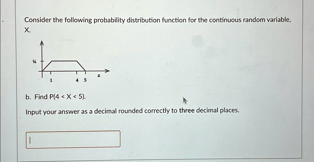 Consider the following probability distribution function for the continuous random variable, X.
b. Find P(4 < X < 5).
Input your answer as a decimal rounded correctly to three decimal places.