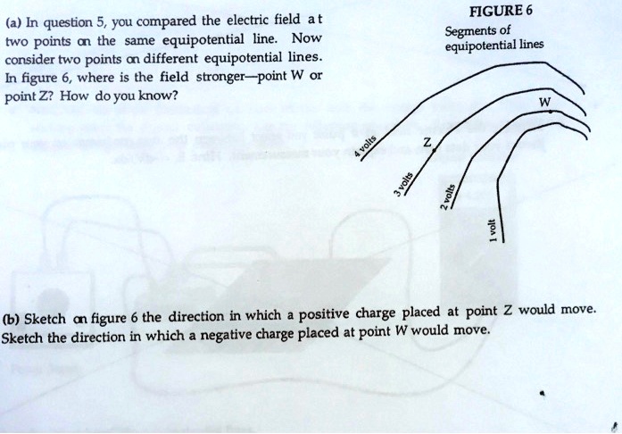 (a) In question 5, you compared the electric field at two points on the same equipotential line. Now consider two points on different equipotential lines. In figure 6, where is the field stronger—point W or point Z? How do you know?

FIGURE 6
Segments of equipotential lines
4 volts
3 volts
2 volts
1 volt
Z
W

(b) Sketch on figure 6 the direction in which a positive charge placed at point Z would move. Sketch the direction in which a negative charge placed at point W would move.