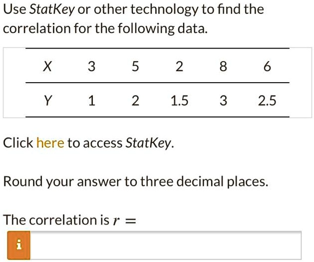 SOLVED: Use StatKey or other technology to find the correlation for the ...