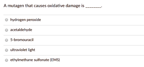 A mutagen that causes oxidative damage is .

hydrogen peroxide
acetaldehyde
5-bromouracil
ultraviolet light
ethylmethane sulfonate (EMS)
